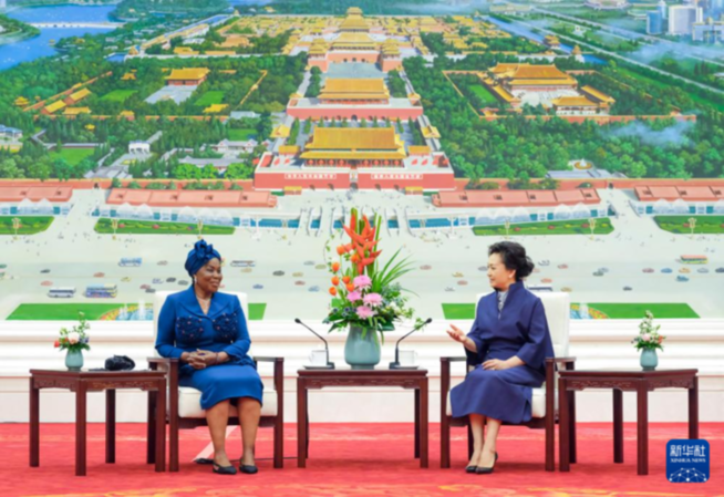 彭麗媛同赤道幾內(nèi)亞總統(tǒng)夫人康斯坦西婭茶敘